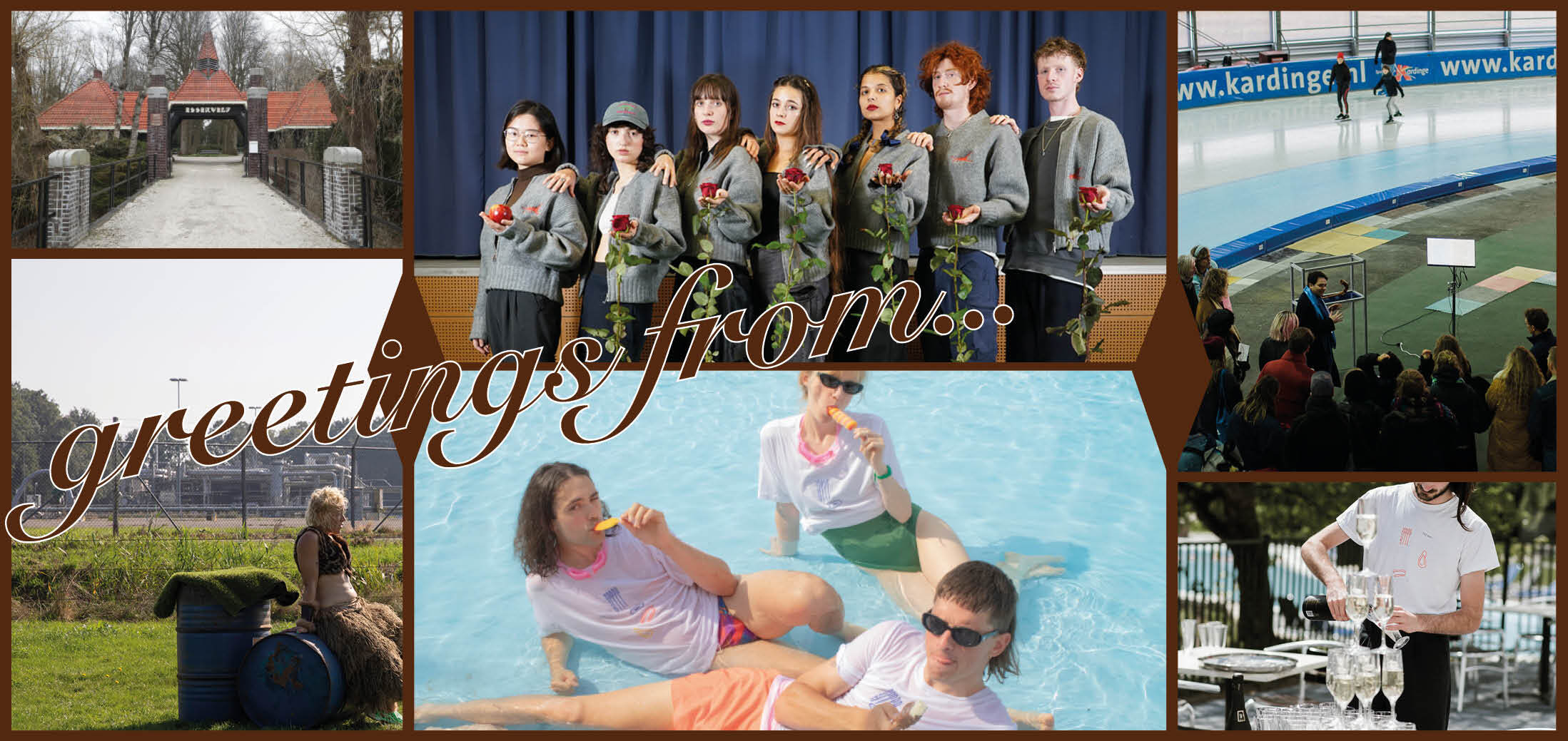 Een collage van zes verschillende foto's. Van links naar rechts en van boven naar onder: 1) een weg naar een poort 2) een groep van 7 jonge mensen die op een rijtje staan van klein naar groot 3) de locatie is een schaatsbaan waar een presentatie plaatsvindt voor een groep mensen 4) een persoon zit op een olievat starend in de verte 5) drie personen eten een ijsje in het zwembad en dragen een wit shirt 6) een ober staat voor een toren van gevulde champagne glazen en schenkt een glas champagne