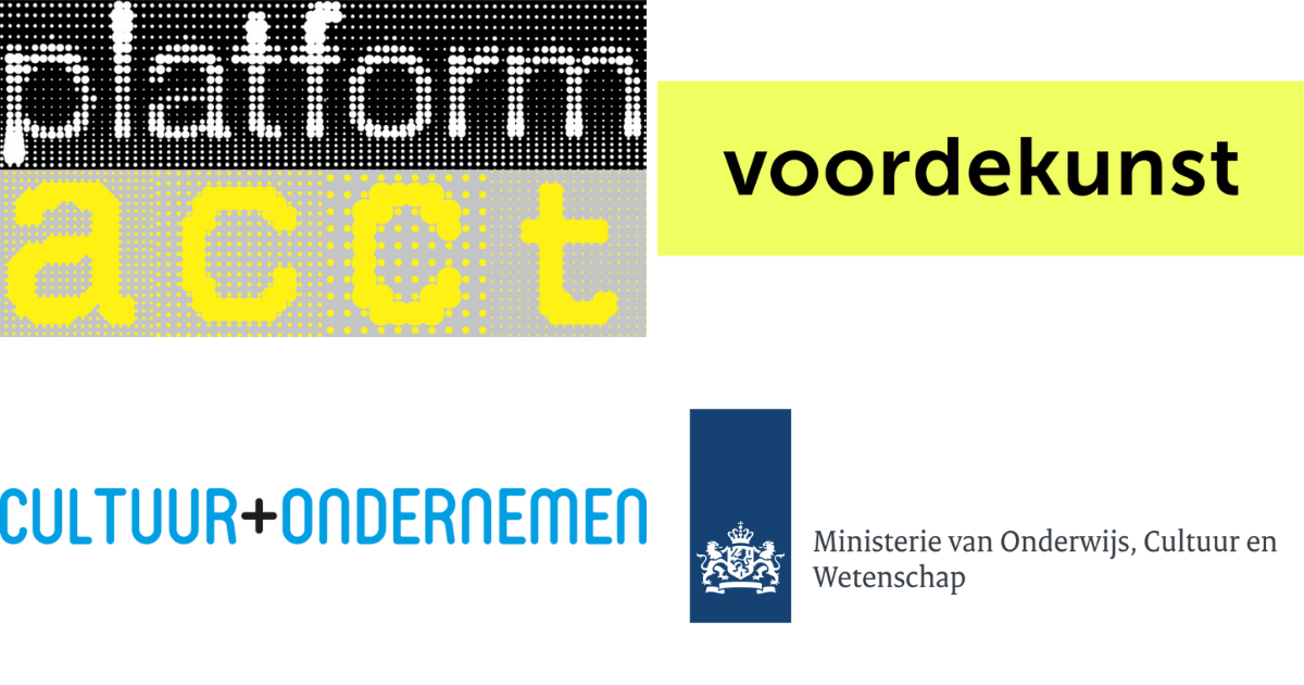 Logo's van Platform ACCT, voordekunst, Cultuur+Ondernemen en het Ministerie van Onderwijs, Cultuur en Wetenschap