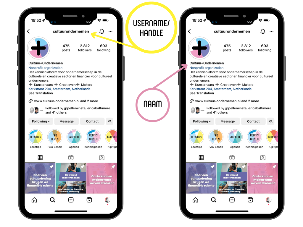 Op twee telefoonschermen wordt getoond waar de Instagram gebruikersnaam/handle en naam te vinden zijn op een profielpagina. De handle/username is bovenaan in het midden geplaatst en de naam bevindt zich onder de profielfoto.