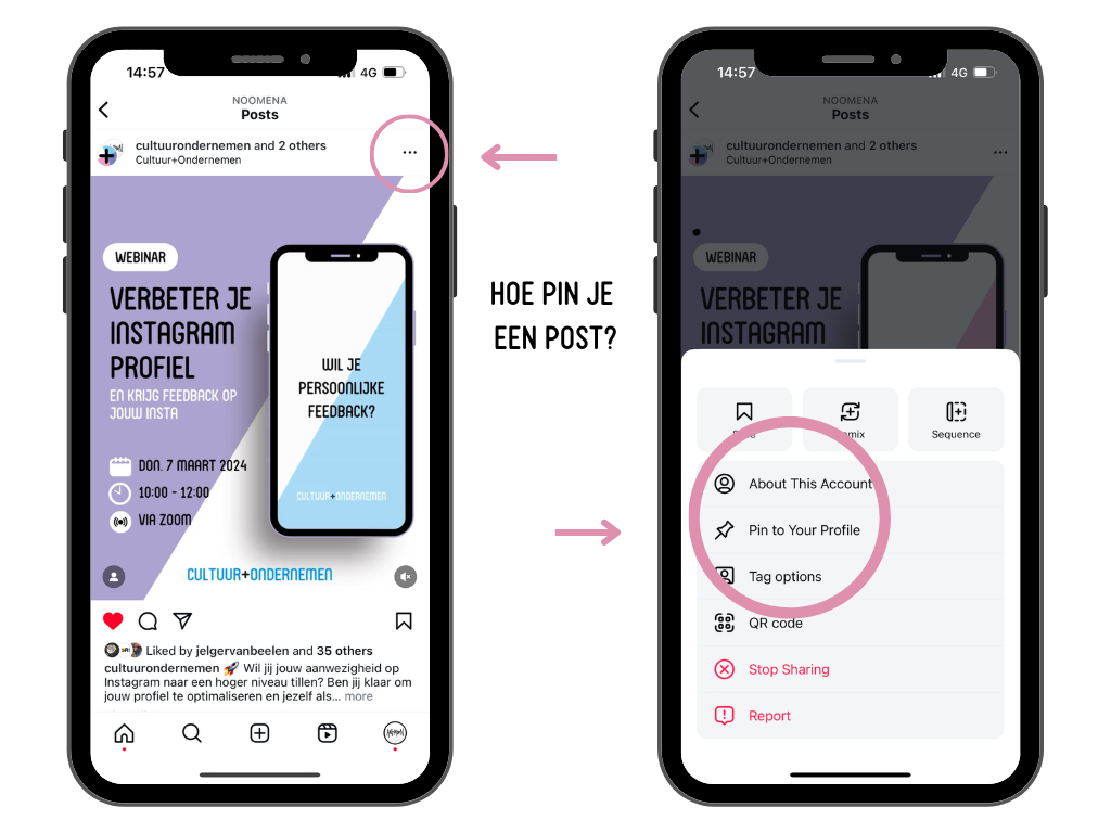 Links: screenshot van post die je wil (vast)pinnen. Rechts: screenshot van de uitgeklapte instellingen bij een post en de optie 