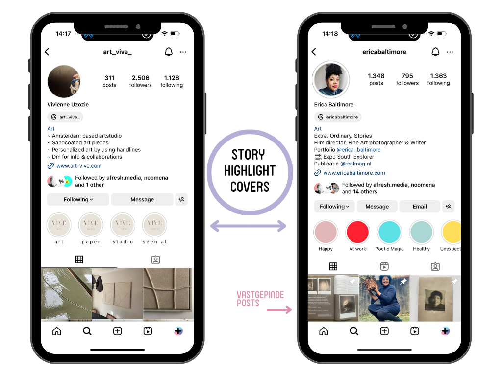 Twee screenshots van highlights op de Instagram accounts van creatieve makers (links @art_vive_ en rechts @ericabaltimore).