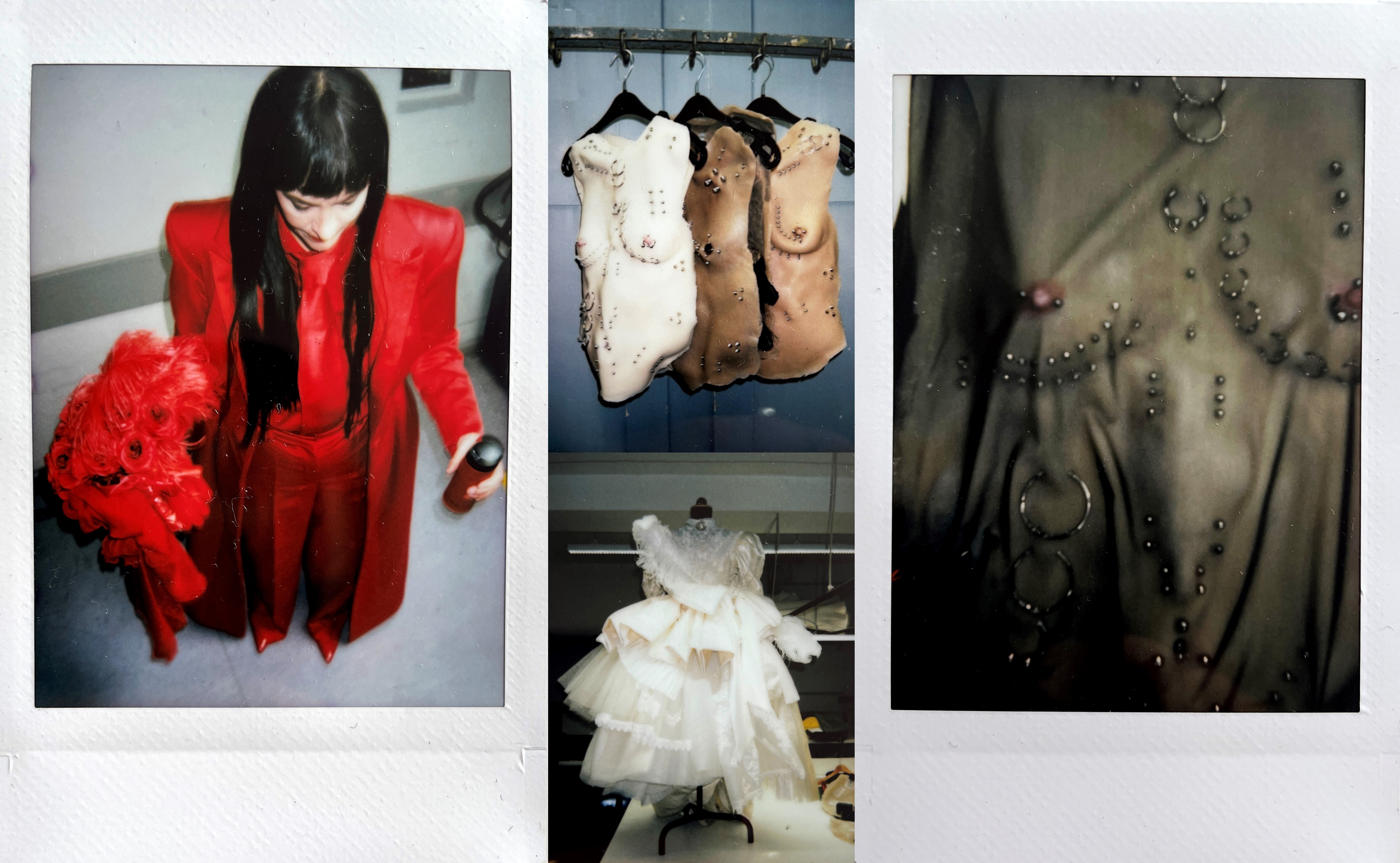 Een collage met vier foto's van kostuums, een vrouw in een rode jurk, drie pakken van vleeskleurige borststukken aan een hanger, een witte jurk en een close-up van het pak met piercings