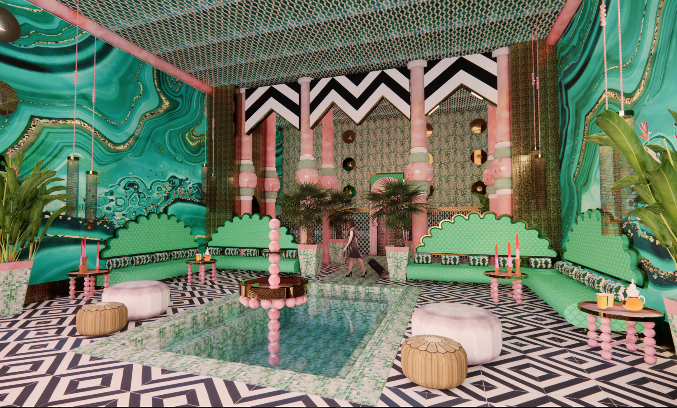 3d weergave van ontvangsthal in hotel geinspireerd op Marokkaanse stijlelementen