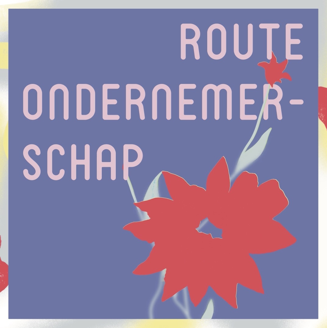 Paarse achtergrond met rode bloem en de tekst: 'route ondernemerschap.'