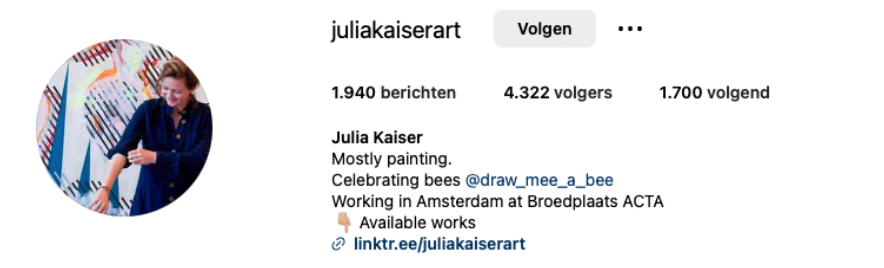 Instagramprofiel van een beeldend kunstenaar als voorbeeld